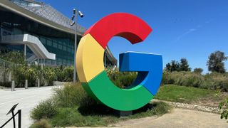 A statue of the multicolored "G" in Google on the Google campus in Mountain View