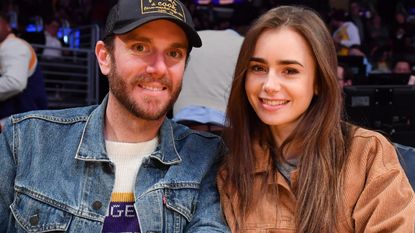 ily Collins and Charlie McDowell attend a basketball game between the Los Angeles Lakers and the Cleveland Cavaliers at Staples Center on January 13, 2020 in Los Angeles, California