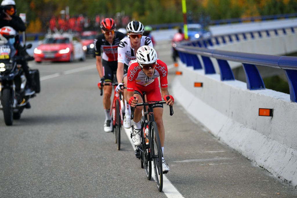 SABIANIGO SPAIN OCTOBER 24 Guillaume Martin of France and Team Cofidis Solutions Credits Thymen Arensman of The Netherlands and Team Sunweb Tim Wellens of Belgium and Team Lotto Soudal Breakaway during the 75th Tour of Spain 2020 Stage 5 a 1844km Huesca to Sabinigo 835m lavuelta LaVuelta20 La Vuelta on October 24 2020 in Sabinigo Spain Photo by Justin SetterfieldGetty Images