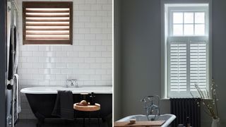 Compilation image of two bathrooms showing elegant shutters as an idea of how to make a bathroom look expensive