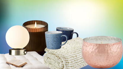 A collage of cozy winter decor items from Wayfair