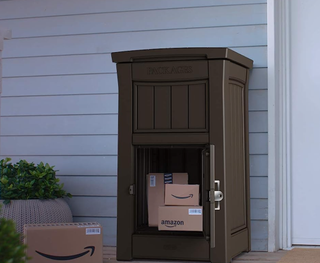 brown wood-look package delivery box with bottom door open to show packages inside