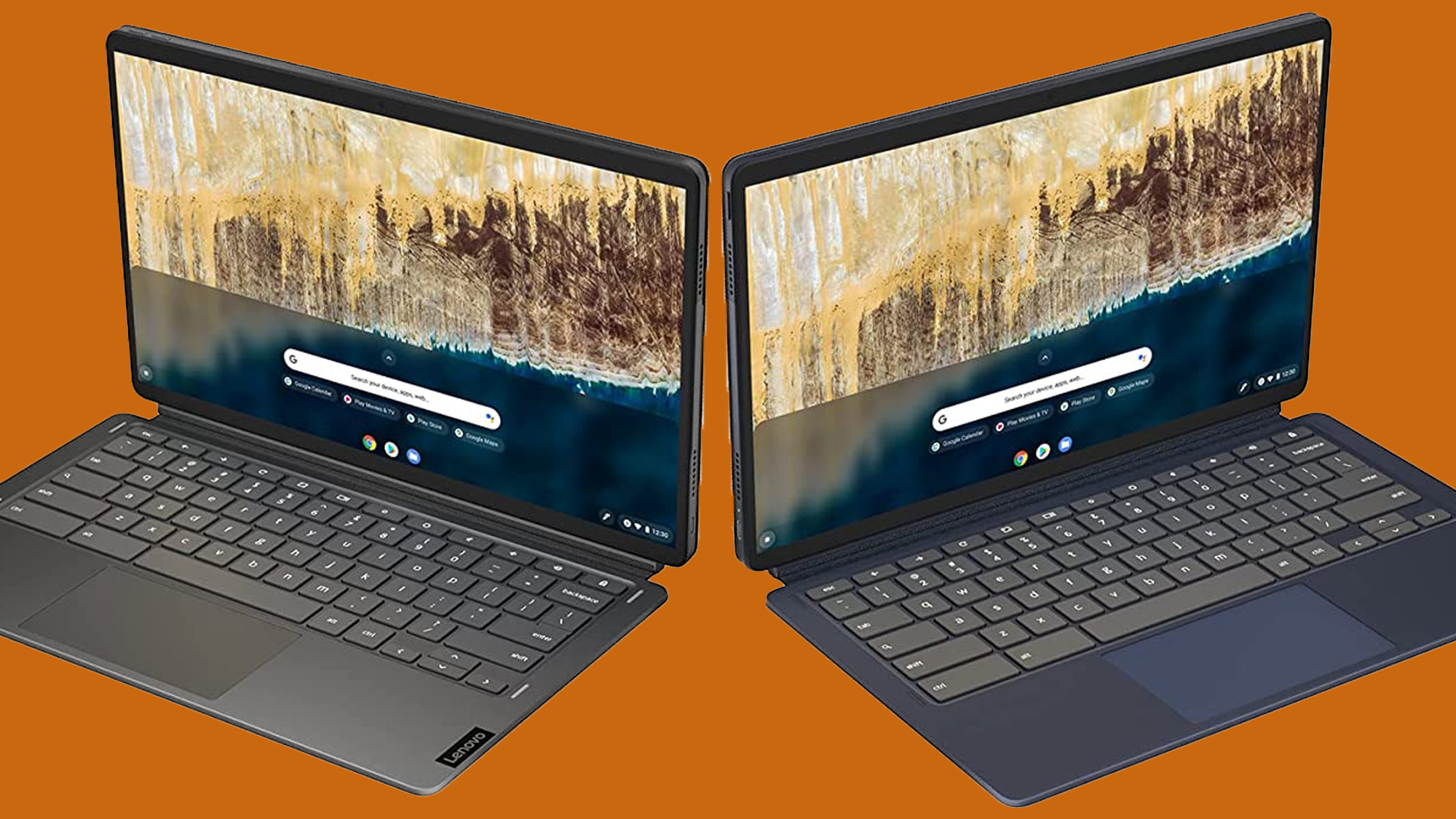 Lenovo IdeaPad Duet 5 Chromebook against an orange background