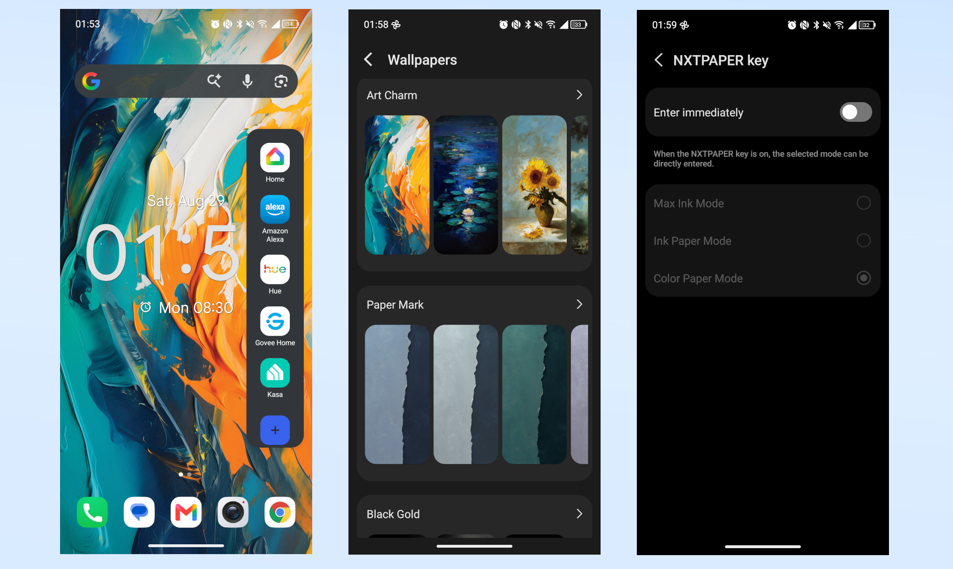 A series of screenshots showing off the apps and settings on the TCL NXTPAPER 70 Pro