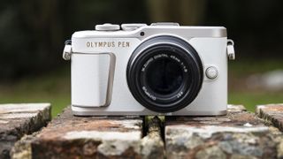 Olympus PEN E-PL10, one of the best beginner mirrorless camera, on a brick wall