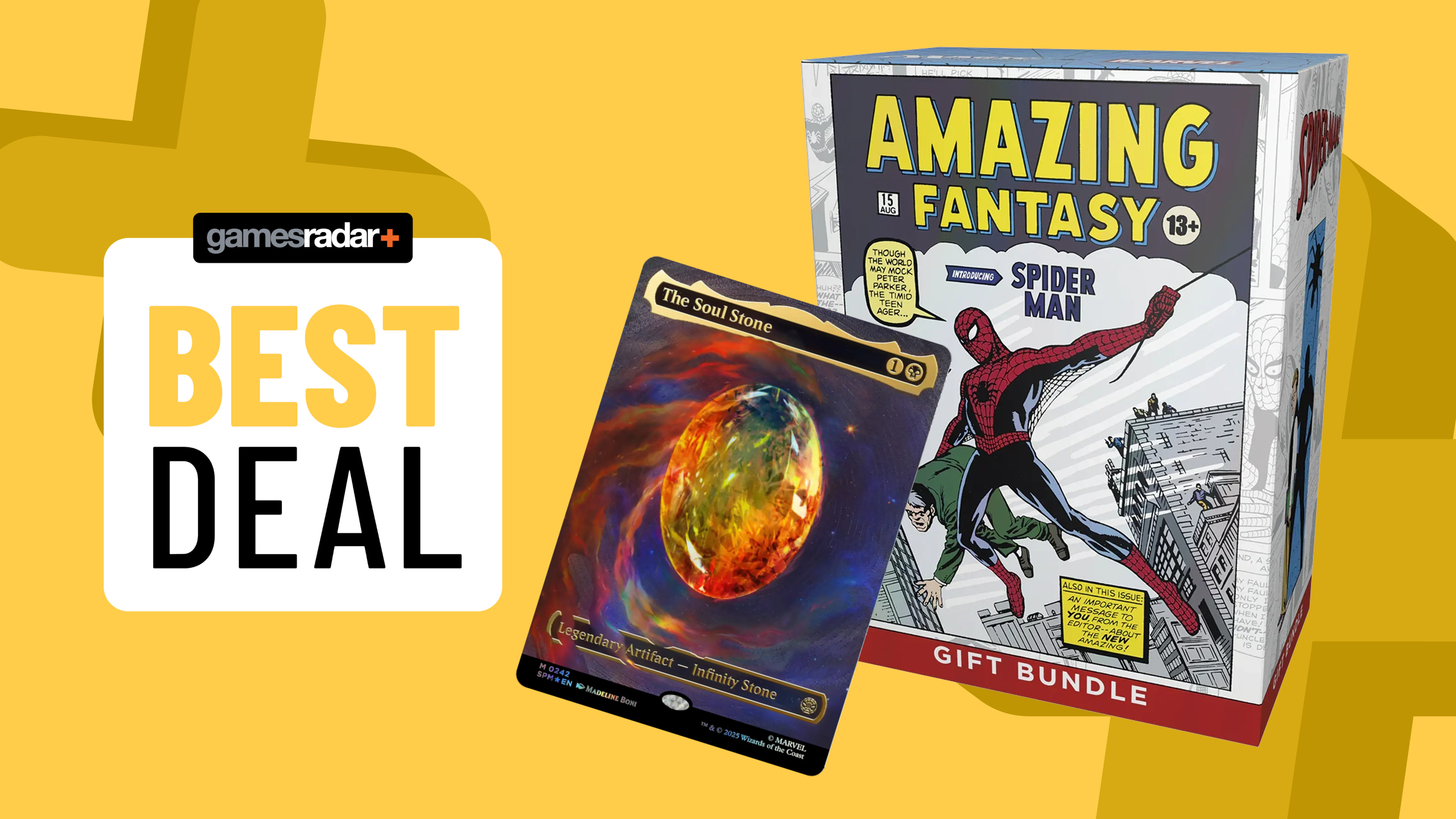 MTG Spider-Man gift bundle and Soul Stone card on a yellow background with 'best deal' badge