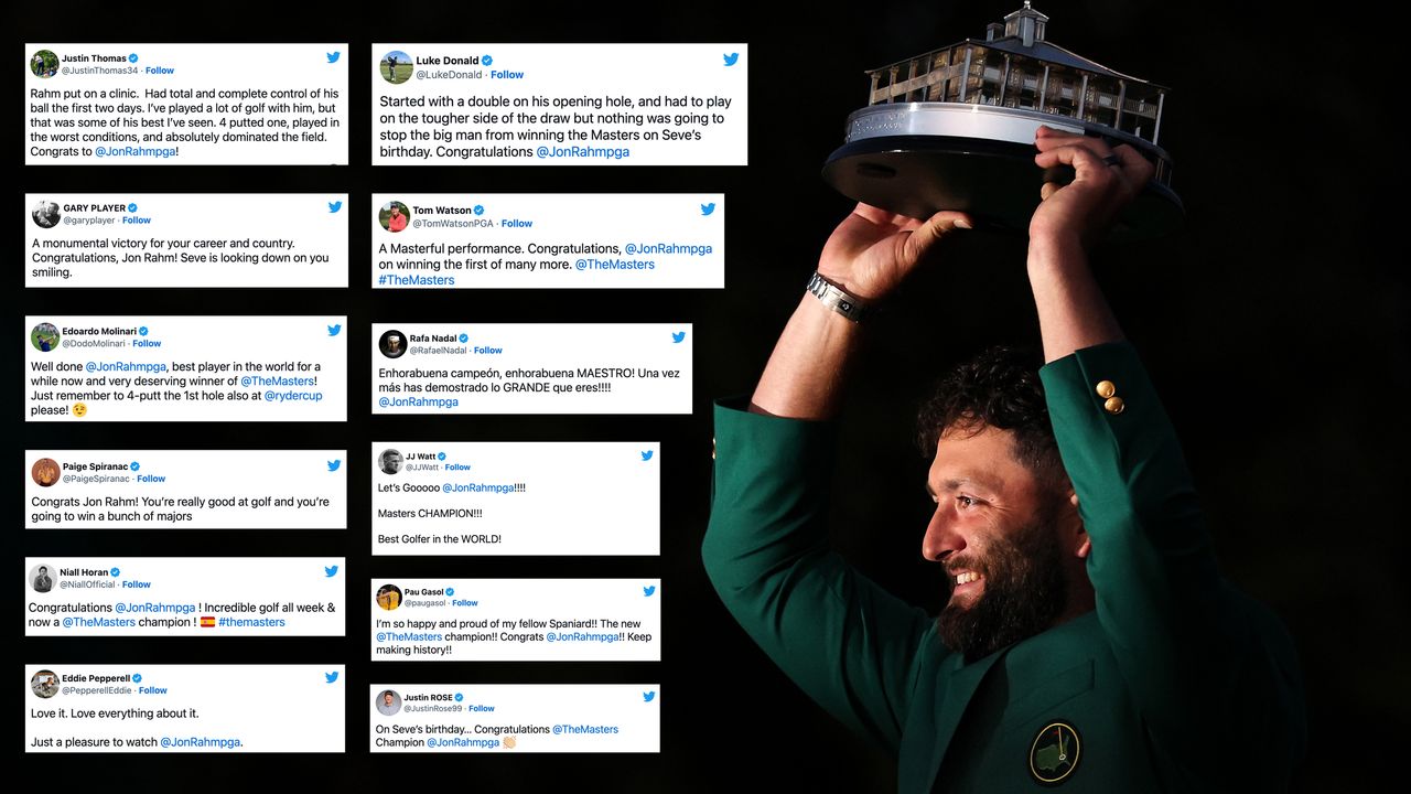 Jon Rahm overlayed with tweets congratulating him for winning the 2023 Masters