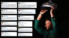 Jon Rahm overlayed with tweets congratulating him for winning the 2023 Masters