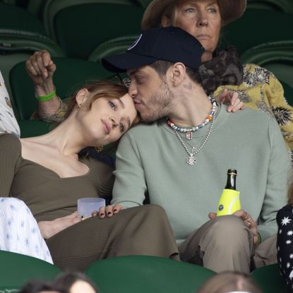 london, england july 03 phoebe dynevor and pete davidson hosted by lanson attend day 6 of the wimbledon tennis championships at the all england lawn tennis and croquet club on july 03, 2021 in london, england photo by karwai tangwireimage