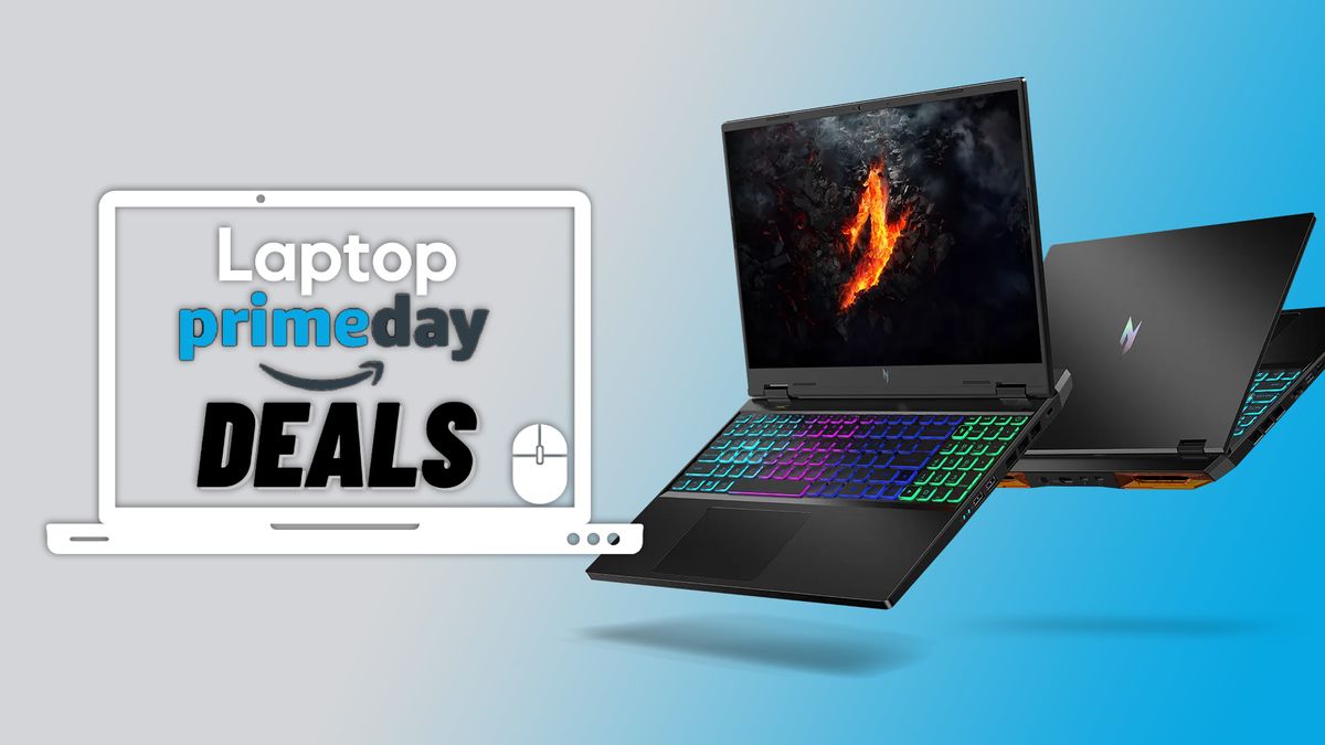 Acer Predator Helios Neo 16 shown front and back with RGB lightiing on a gradient background with a Laptop Mag Amazon Prime Day deal badge