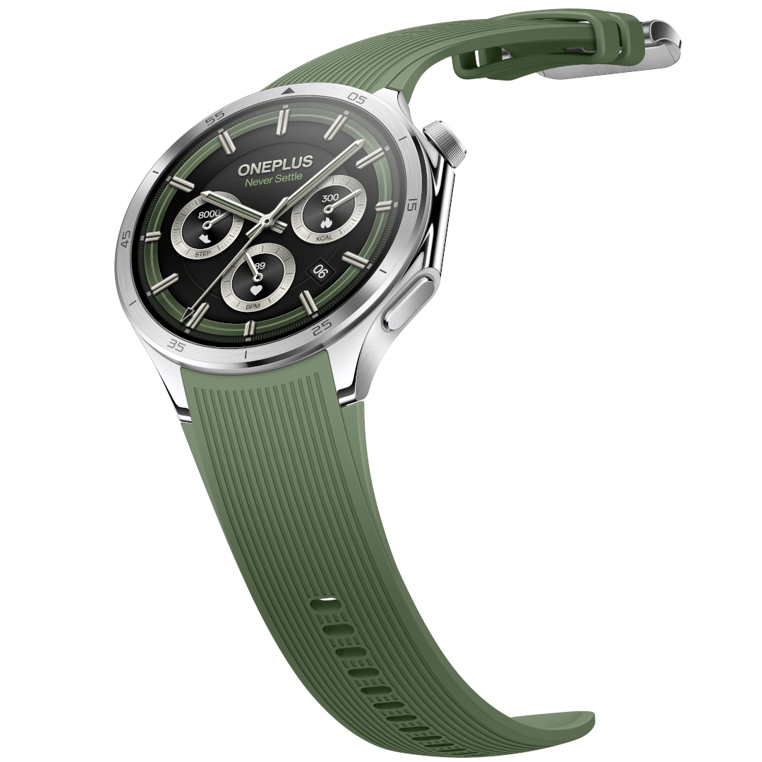 A render of the green OnePlus Watch 3 floating in white space, the band unbuckled.