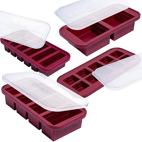 Souper Cubes Silicone Freezer Molds Gift Set With 2 Tbsp, 1/2, 1, and 2 Cup Silicone Freezer Trays With Lids - Meal Prep and Kitchen Essentials Bundle - Cranberry