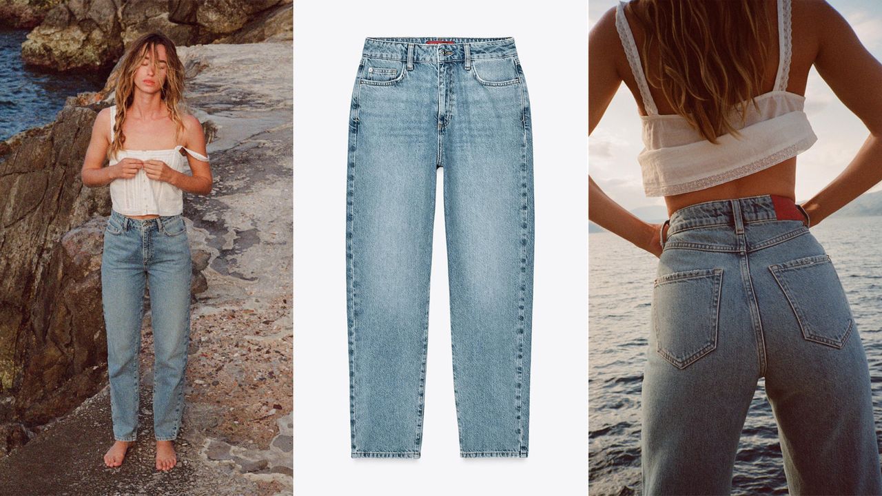 Composite image of Zara mom jeans worn by a model and as a still life