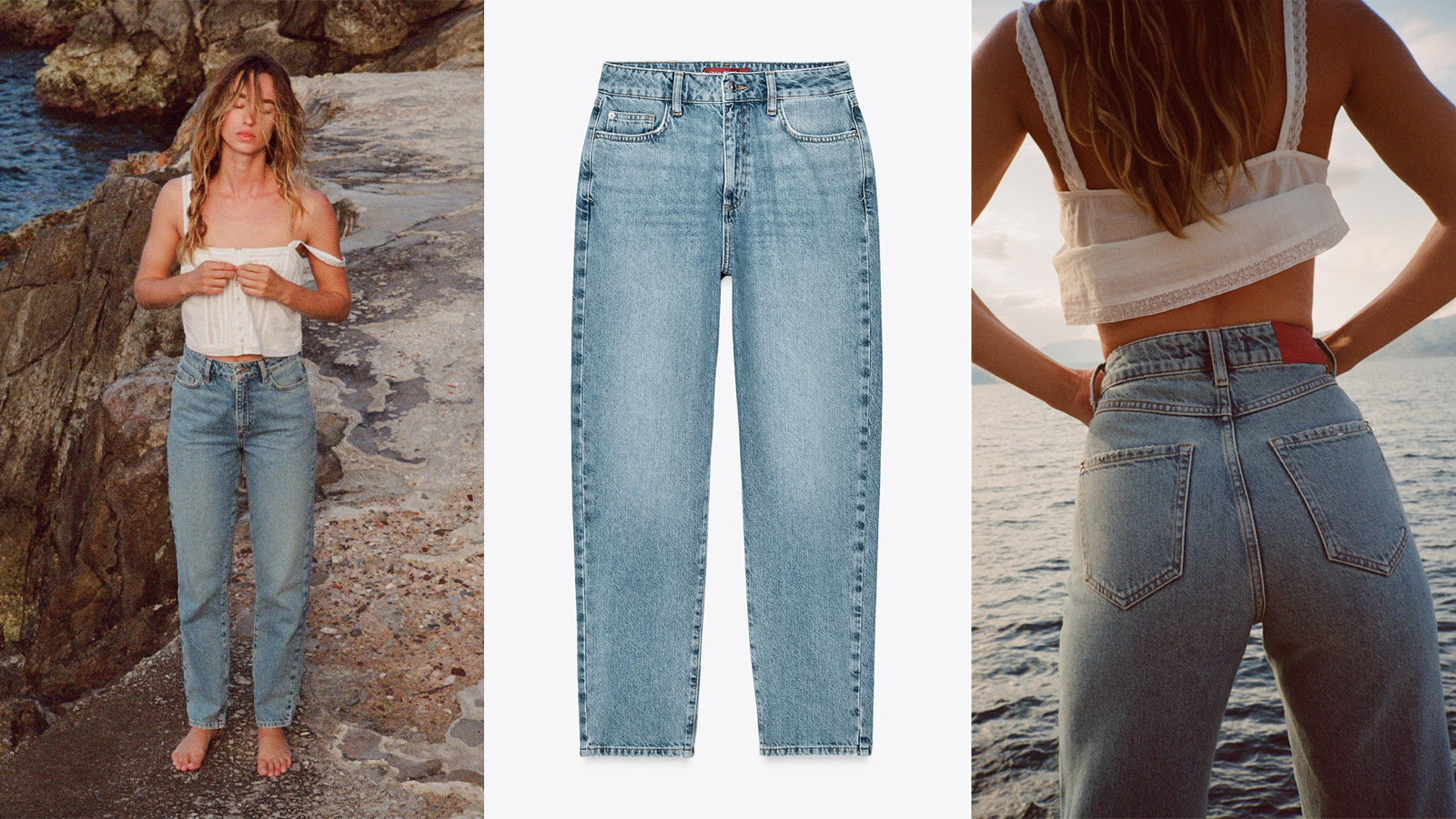 Composite image of Zara mom jeans worn by a model and as a still life