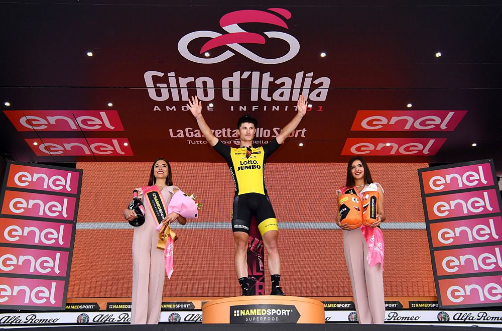 Enrico Battaglin (LottoNL-Jumbo) on the podium as the winner of stage 5