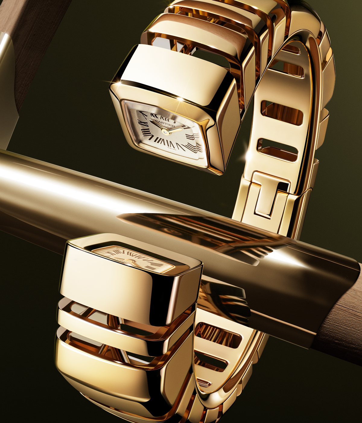 Gold watch with watch face set inside ends of bangle