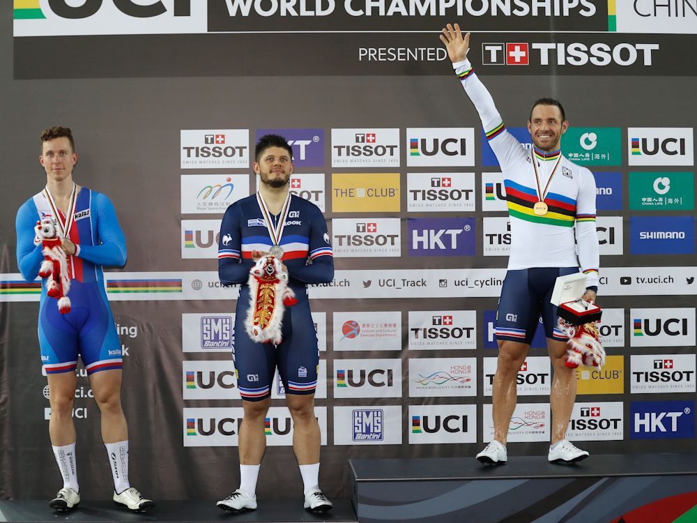 Tomas Babek of Czech Republic, Silver medallist, Quentin Lafargue of France, Silver medallist, and Francois Pervis of France, Gold medallist, poses with their medals after winning Men's 1Km Time Trial Final on Day 5 in 2017 UCI Track Cycling World Championships