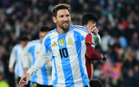 Lionel Messi of Argentina celebrates after scoring the team's third goal during the South American FIFA World Cup 2026 Qualifier