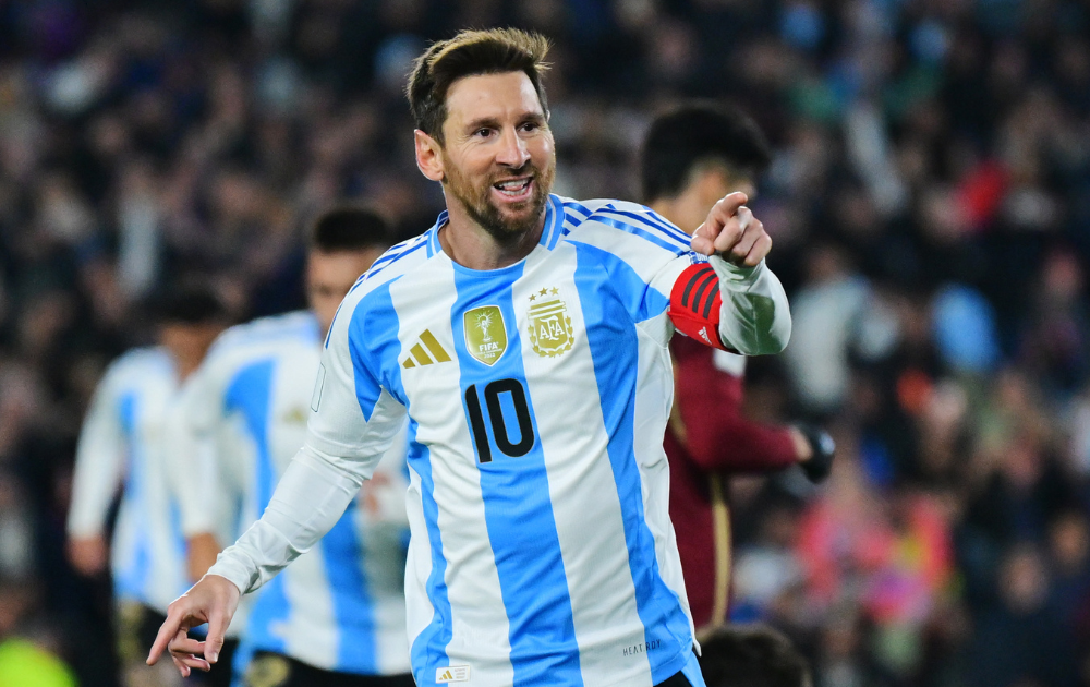 Lionel Messi of Argentina celebrates after scoring the team's third goal during the South American FIFA World Cup 2026 Qualifier 