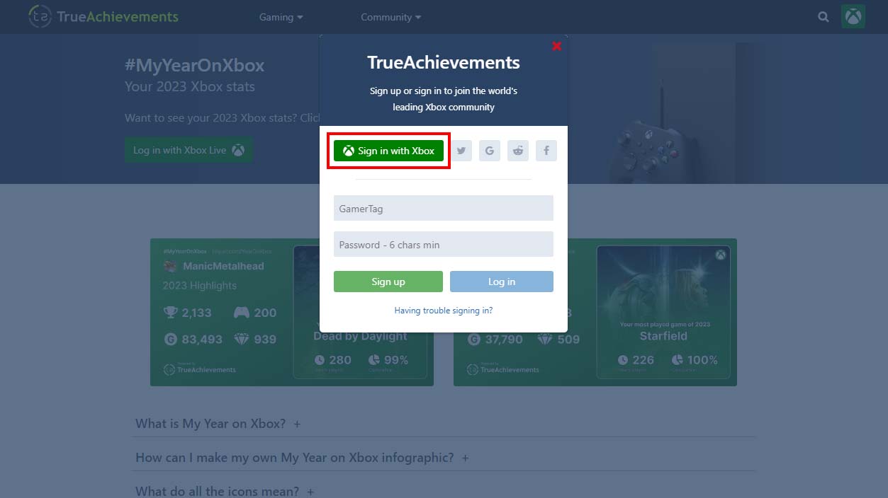 TrueAchievements Melden Sie sich mit Xbox an