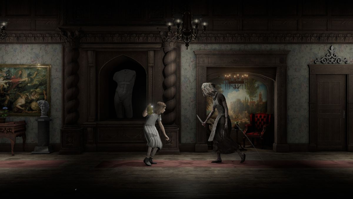 little girl faces masked zombie