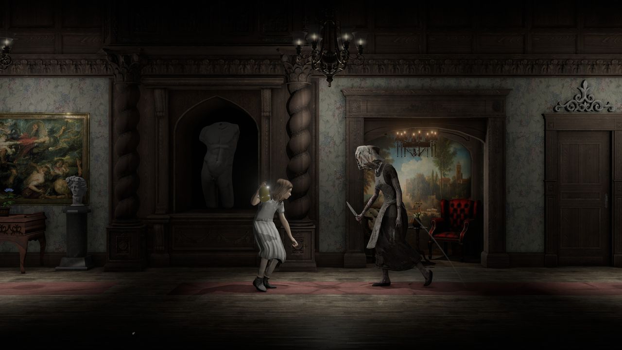 little girl faces masked zombie