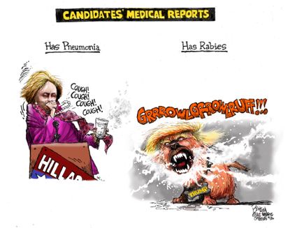 Political cartoon U.S. 2016 election Hillary Clinton Donald Trump health