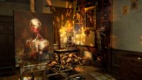 Layers of Fear screenshot showing a portrait painting of a decaying person on an easel before a table that has lots of baby dolls stuffed beneath it