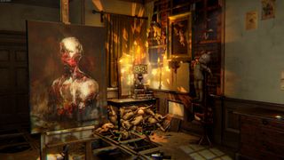 Best horror games - Layers of Fear screenshot of a horde of monsters errupting from beneath a table in a room filled with creepy iconography like dolls, a painting, and an eerie lamp