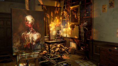 Layers of Fear screenshot showing a portrait painting of a decaying person on an easel before a table that has lots of baby dolls stuffed beneath it