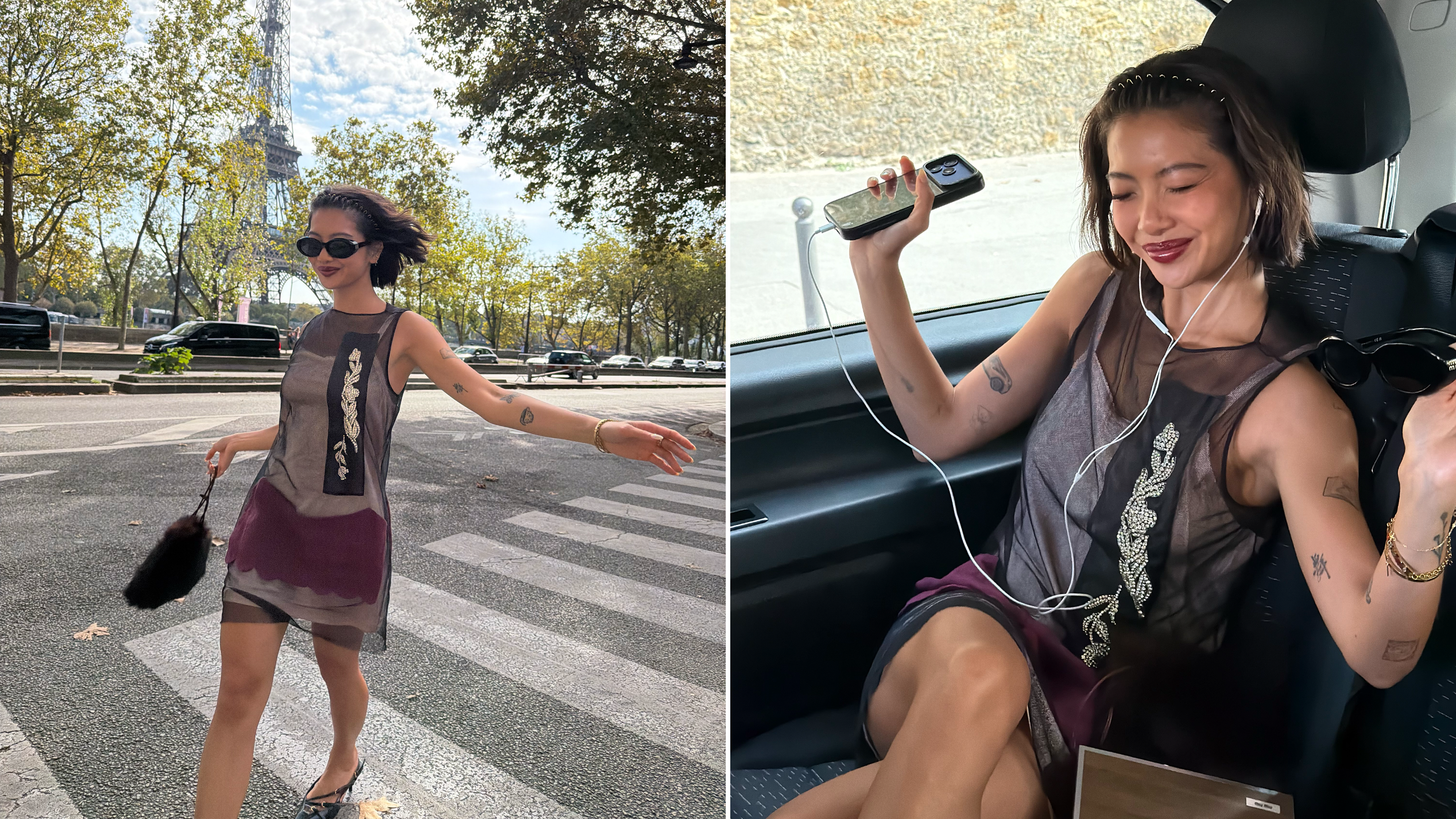photos of fashion influencer Steph Hui getting ready and attending the Miu Miu spring/summer 2027 show during Paris Fashion Week