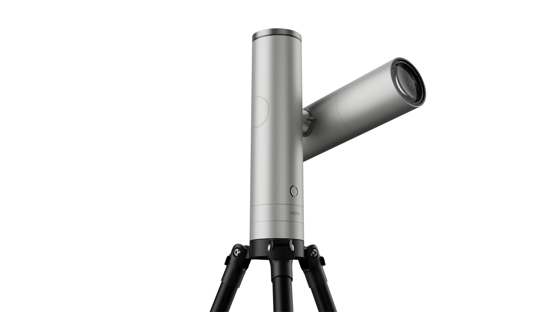 The Vaonis Atlas on a small black tripod, with a single Atlas 80 optical tube attached and pointing upwards, against a white background.