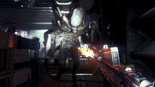 First-person view of the player shooting at the Alien in Alien: Isolation