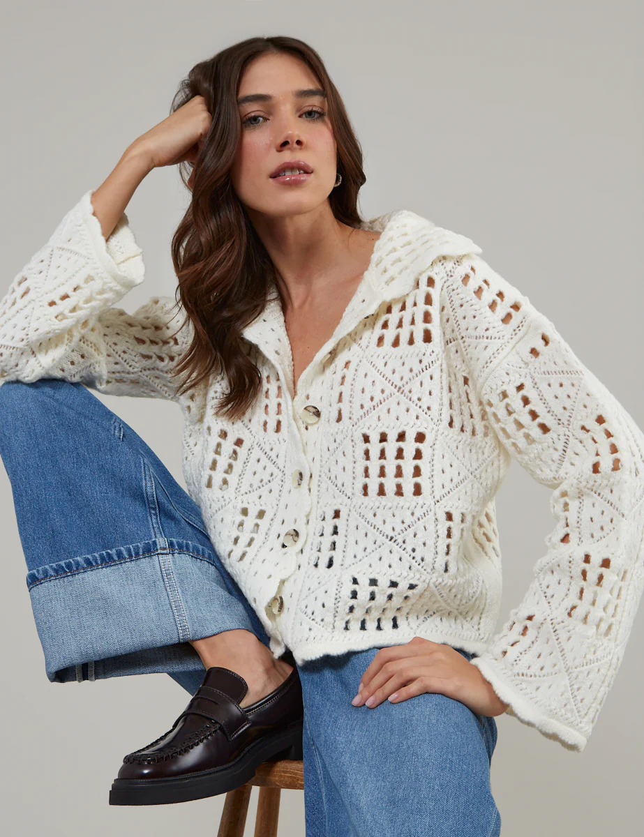 Nobodys Child Crochet Knit Button Up Cardigan in Cream