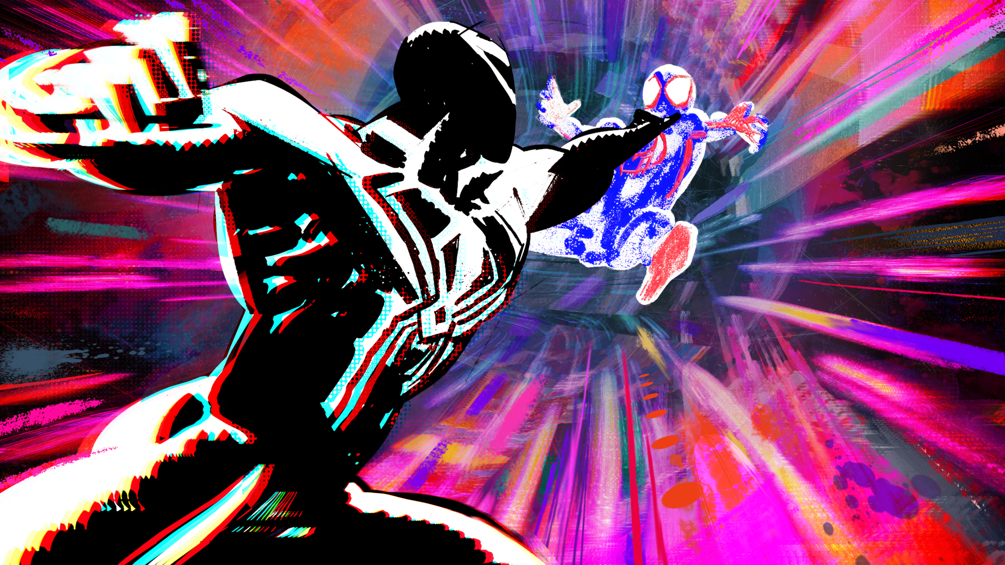 Miguel O'Hara (Oscar Isaac) attacks Miles Morales (Shameik Moore) in Spider-Man: Beyond the Spider-Verse.
