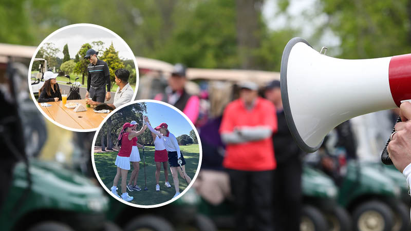 Golf day organiser, female golfers celebrating and golfers relaxing 