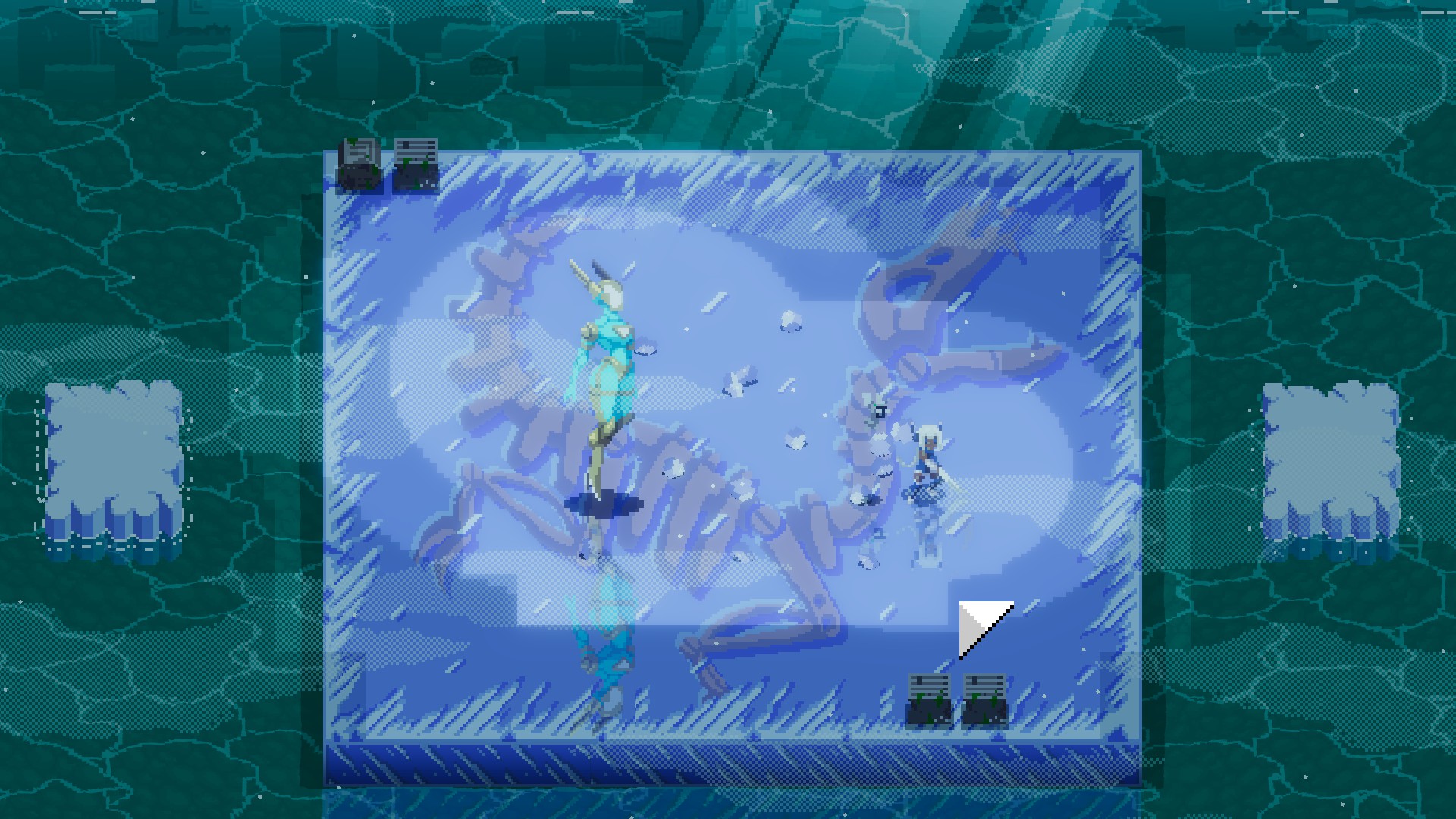 Facing off against a boss on a platform made of ice