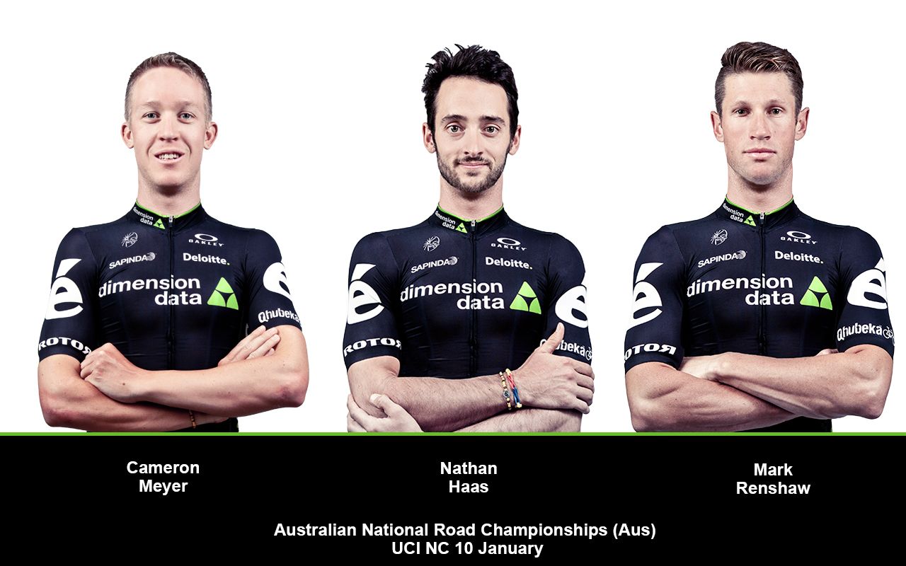 Team Dimension Data line up with Cam Meyer, Nathan Haas, and Mark Renshaw at the Australian nationals
