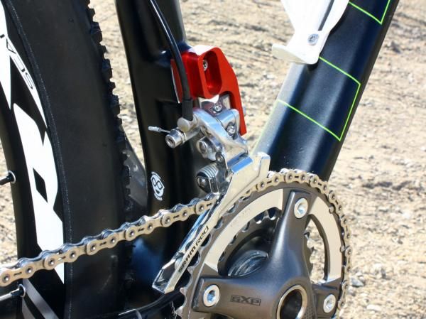 Custom adapters are used to mount the SRAM Force front derailleurs on the frames until the proper direct-mount XX models are ready.