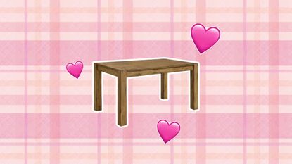 A brown dining table on a pink plaid background, with hearts around it