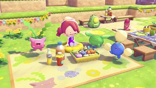The lead character of Pokemon Pokopia shares a picnic with Hoppip, Skiploom, and Jumpluff