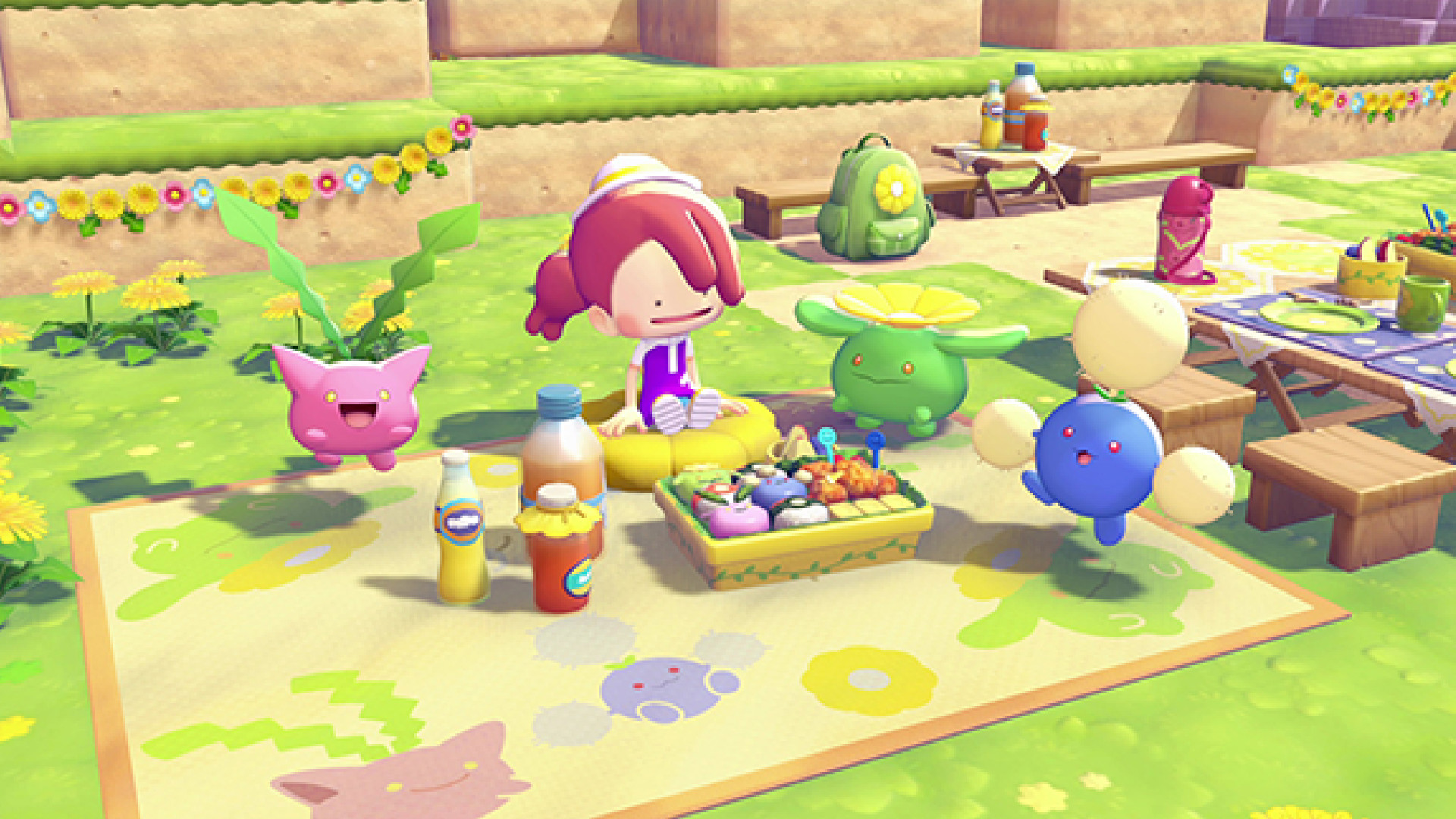The lead character of Pokemon Pokopia shares a picnic with Hoppip, Skiploom, and Jumpluff