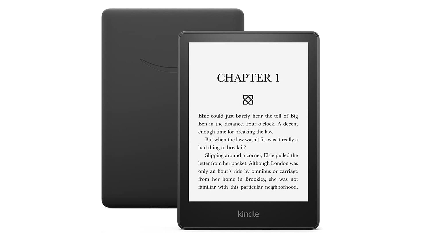 An Amazon Kindle Paperwhite 2021 from the front and back, against a white background