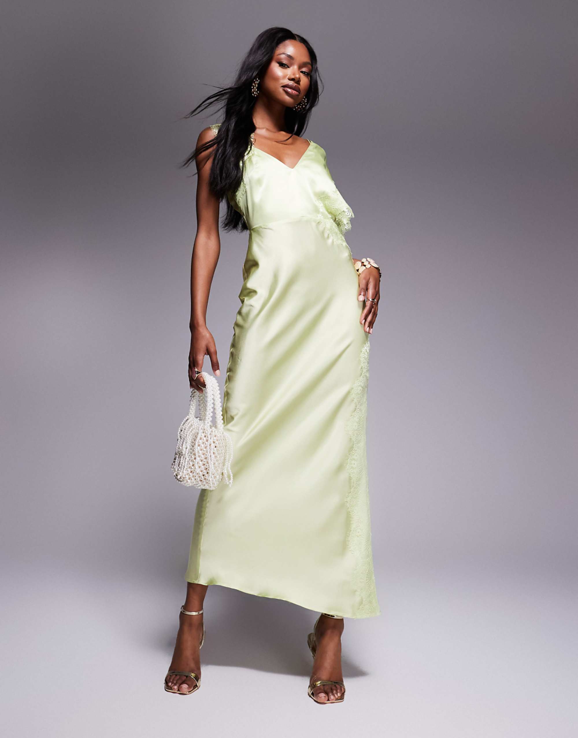 Asos Design Satin One Shoulder Maxi Dress With Lace Trim in Sage Green