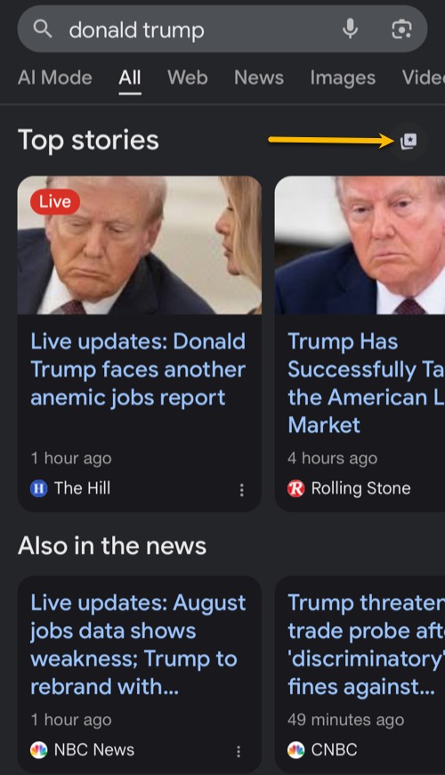 A screenshot showing Top Stories on a mobile device.