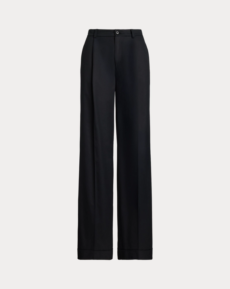 Pleated Cotton Twill Wide Leg Trouser