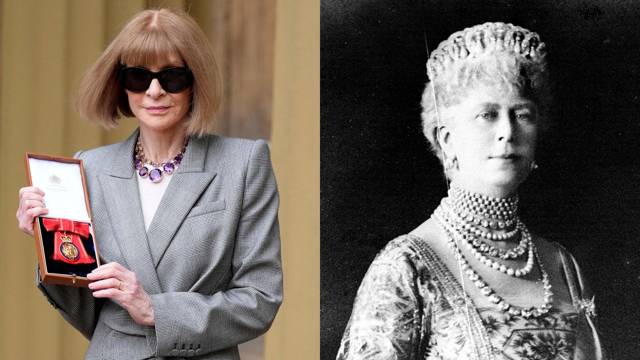 Anna Wintour in a gray suit and sunglasses next to a black and white photo of Queen Mary in a tiara and necklaces