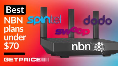 Red background with white writing that says Best NBN plans under $70 with a picture of a router and logos of NBN providers on it