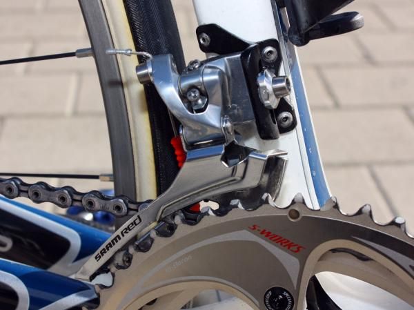Like most pros, Breschel prefers the stiffer steel cage option on his SRAM Red front derailleur for faster shifting.
