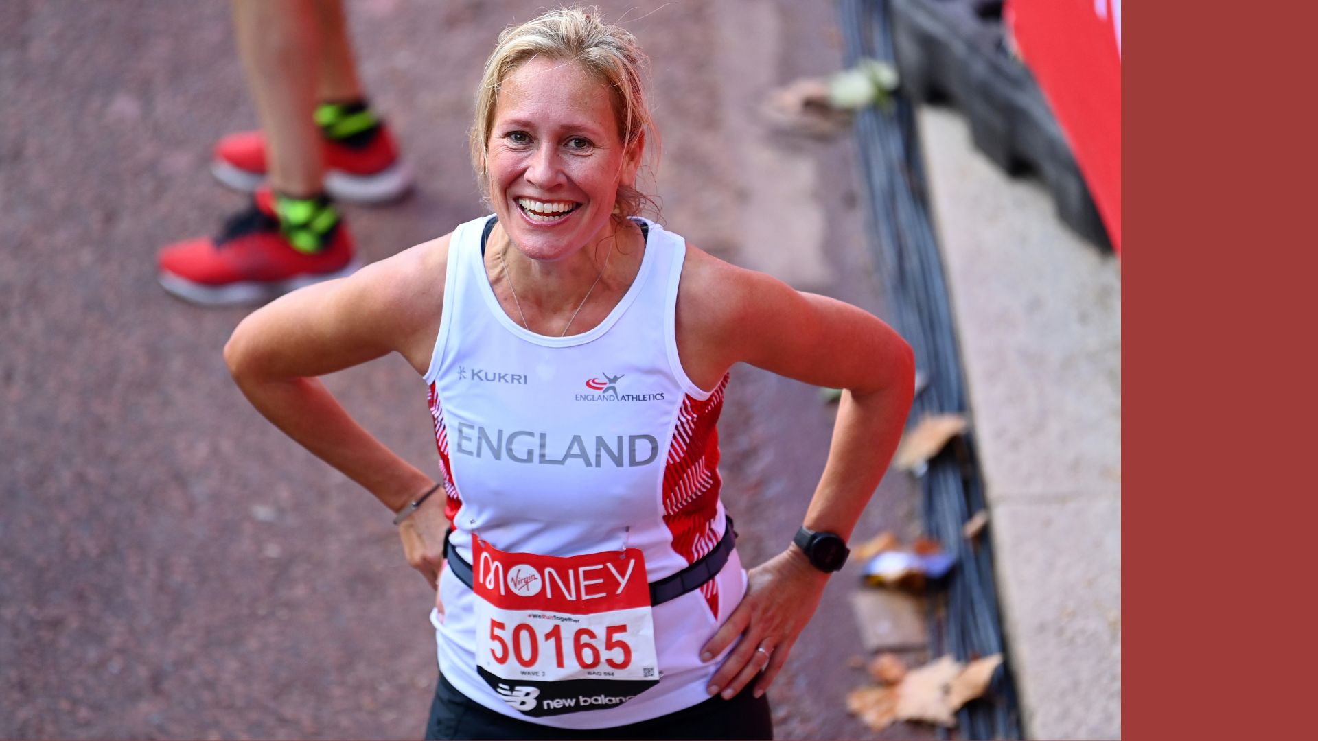 Sophie Raworth smiling at the camera after finishing a running race